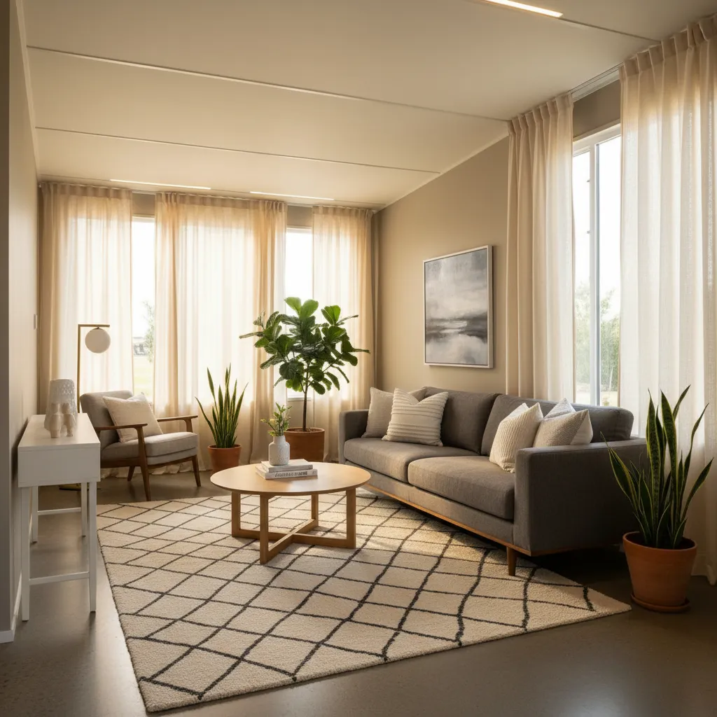 A professionally designed single wide trailer living room with a neutral sofa, round coffee table, and zoned furniture layout to maximize space.