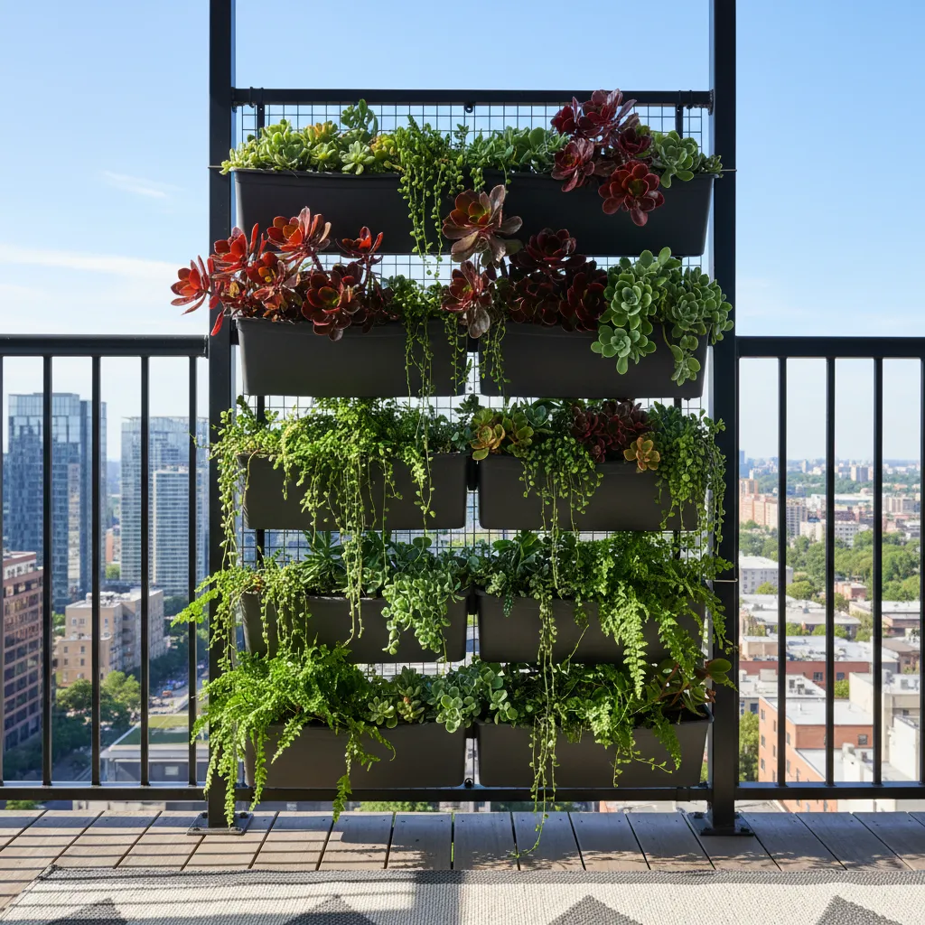 A vertical garden on an apartment balcony with secure metal railing mounts.