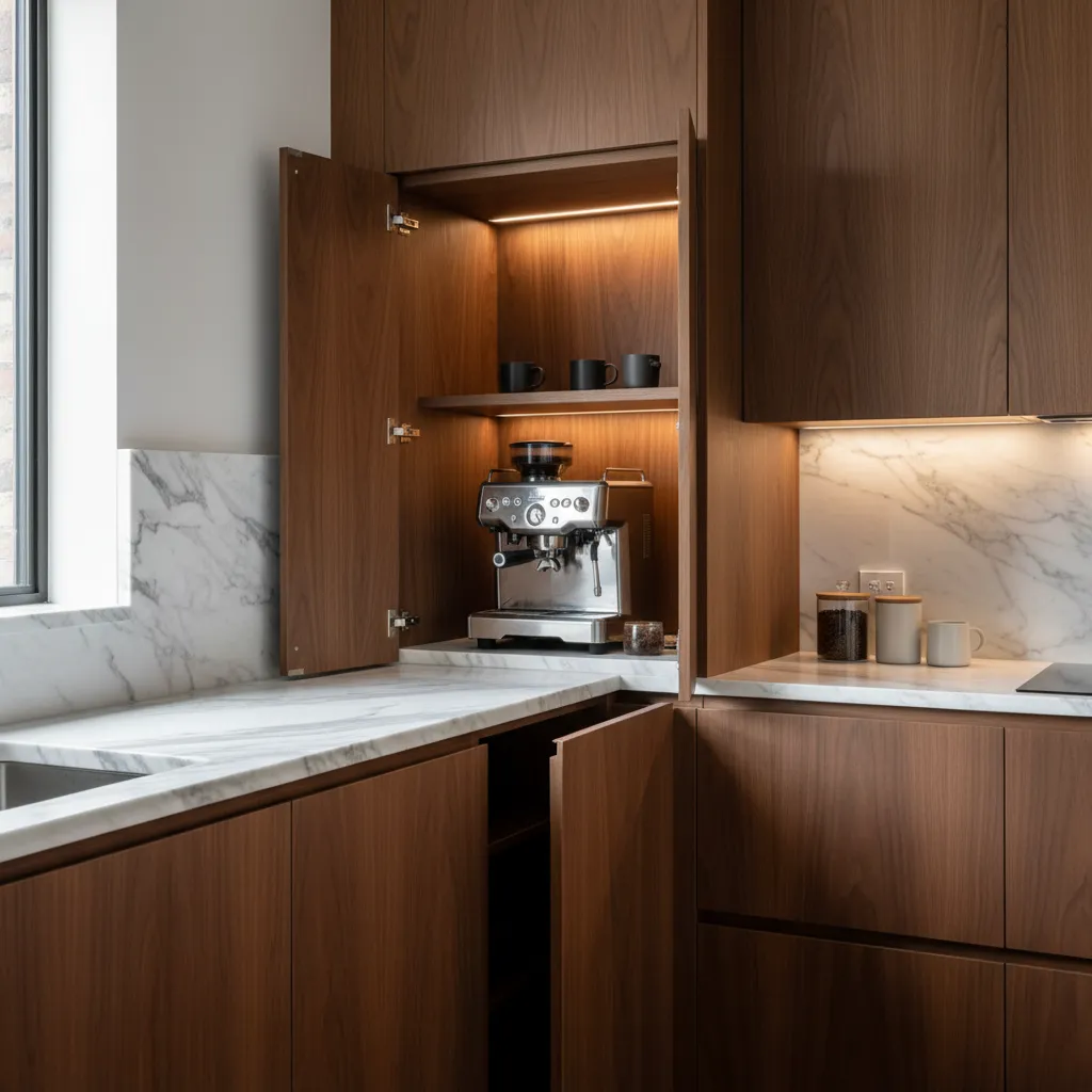 Open walnut appliance garage cabinet featuring espresso machine and hidden lighting