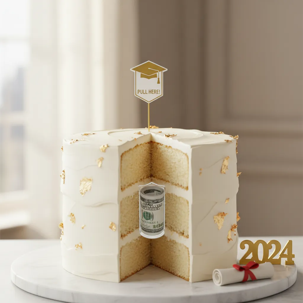 Cross section of a graduation cake revealing the hidden money roll dispenser mechanism