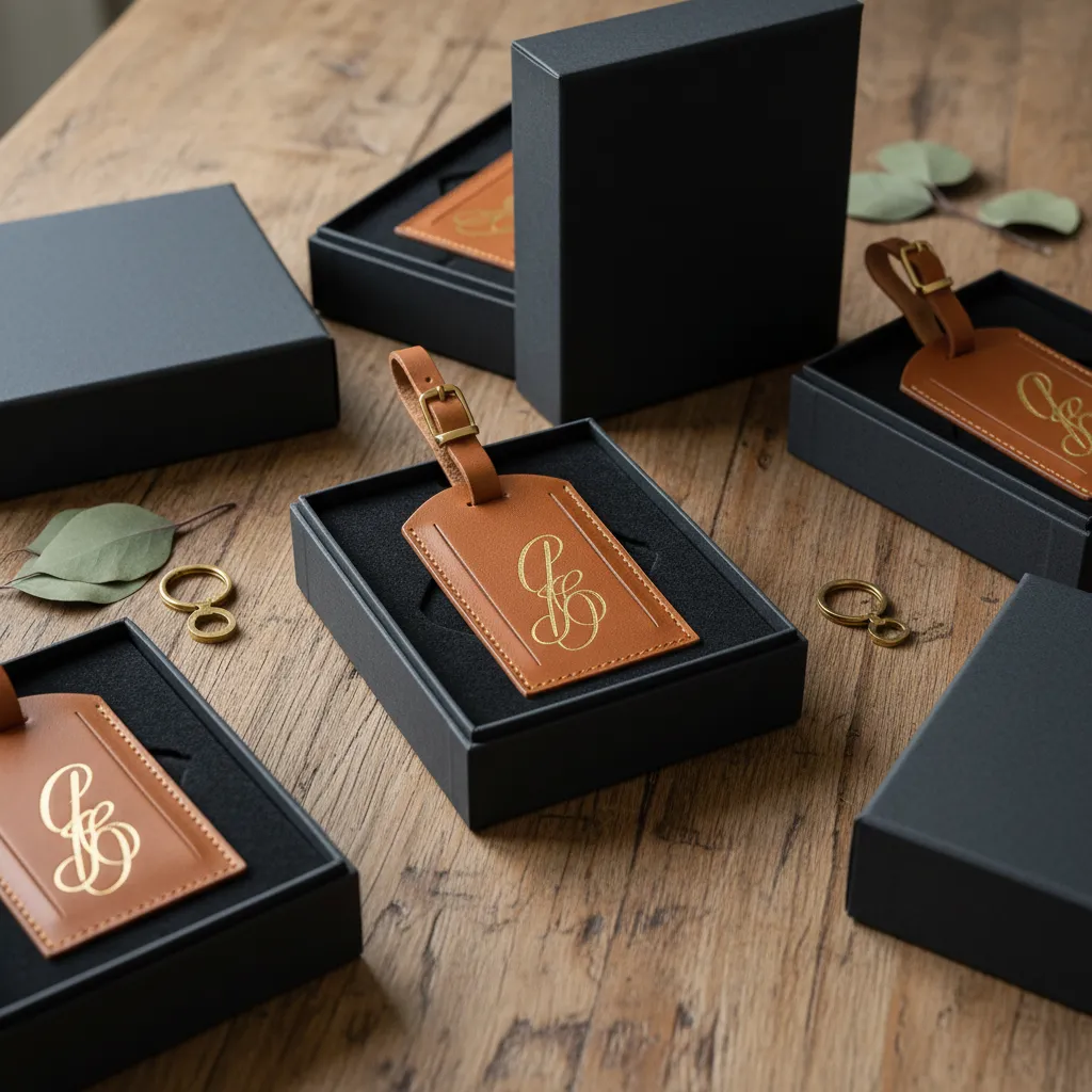 Cognac leather luggage tags with gold monograms displayed in bespoke black gift boxes