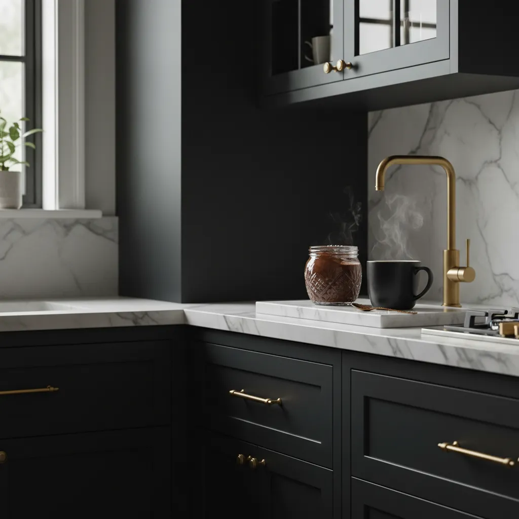 Sophisticated kitchen coffee bar with dark chocolate creamer and marble accents.