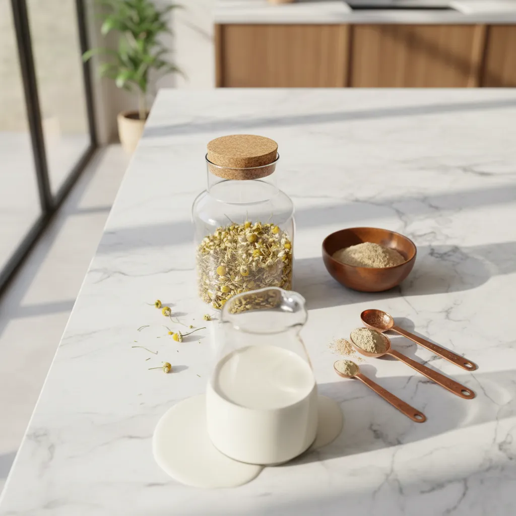 Ingredients for moon milk including chamomile and ashwagandha on a marble surface