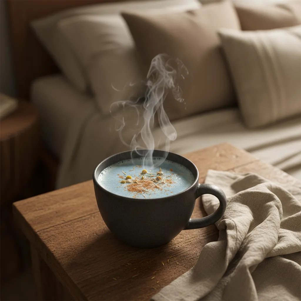A steaming mug of moon milk tea with chamomile and cinnamon on a wooden surface.