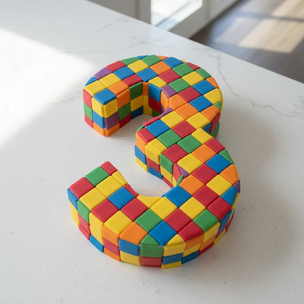 Number three cake featuring a geometric mosaic of edible fondant tiles on a quartz surface