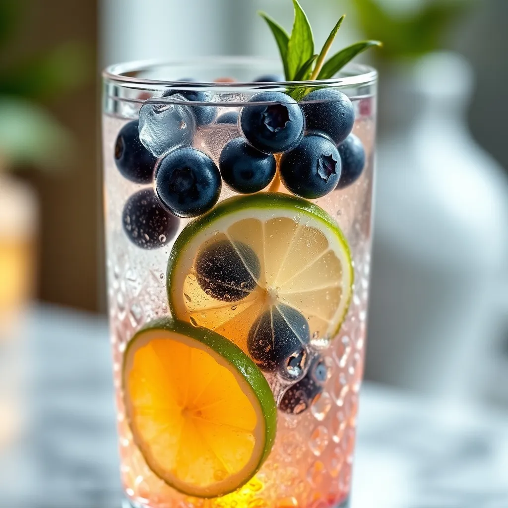 Close up detail of fresh blueberries and lime for a summer mocktail.