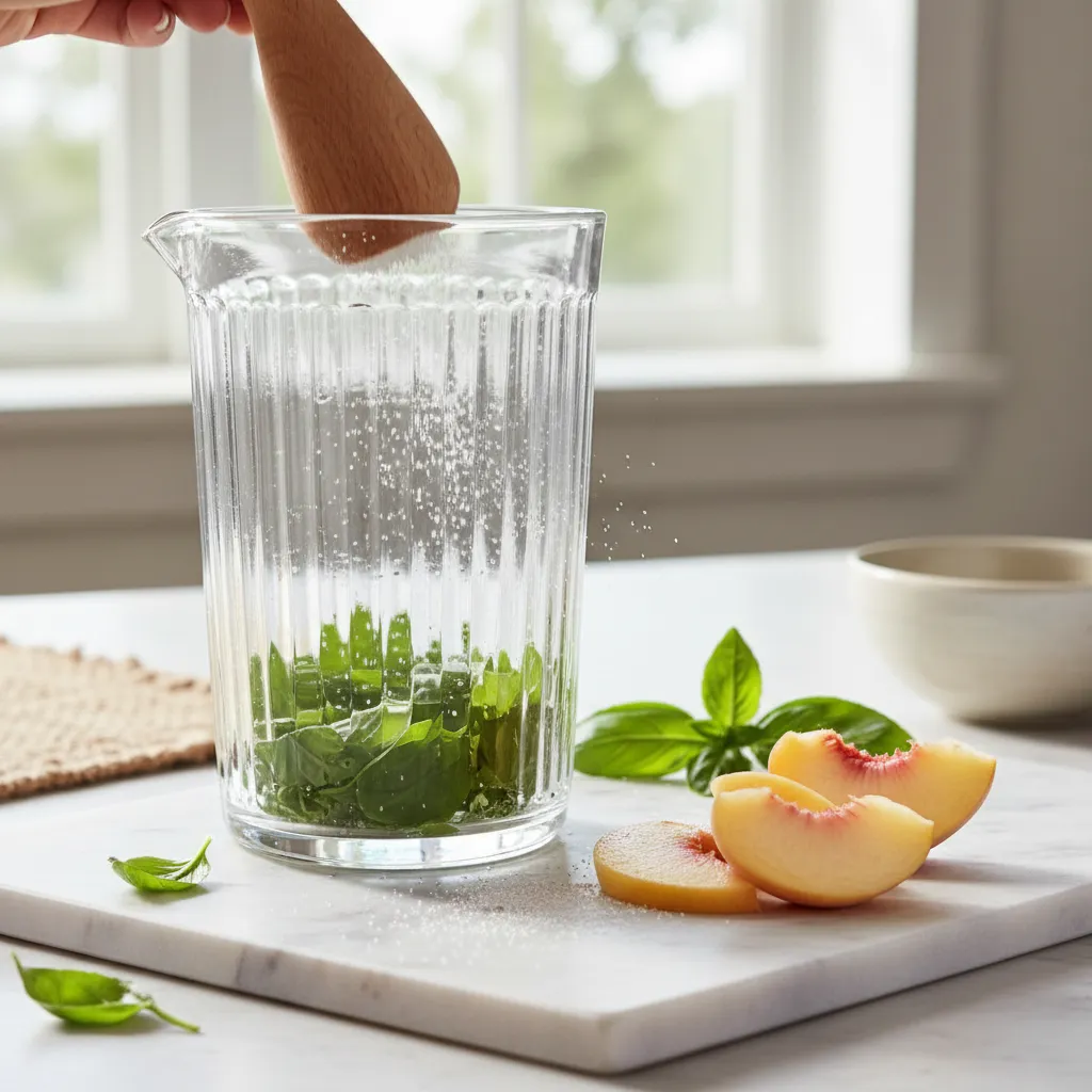 Close up of muddling basil and peaches for white sangria