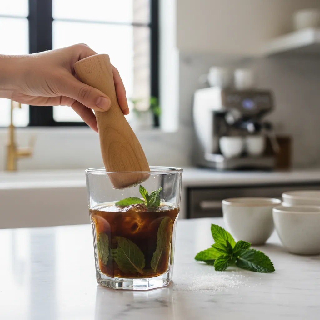 Wooden muddler pressing fresh mint leaves in a glass for iced coffee
