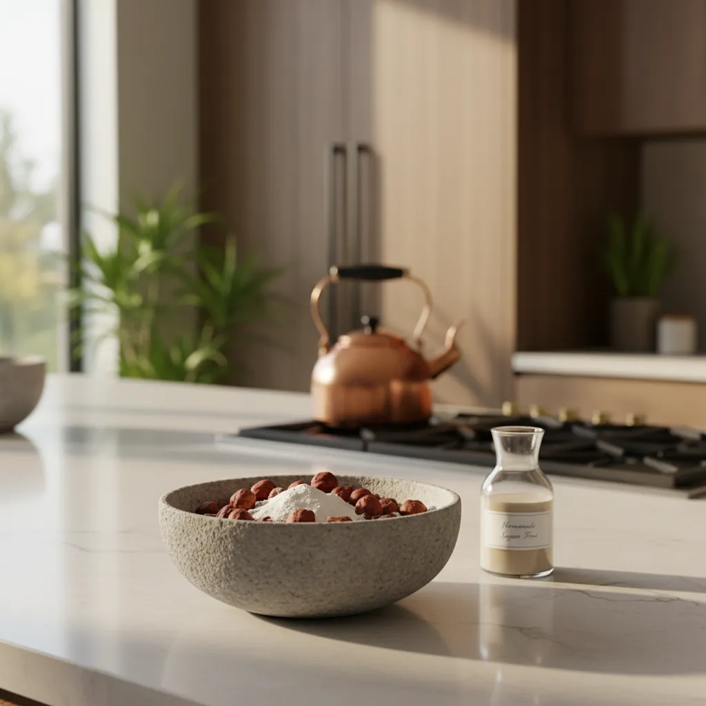 Roasted hazelnuts and white collagen powder in a stone bowl