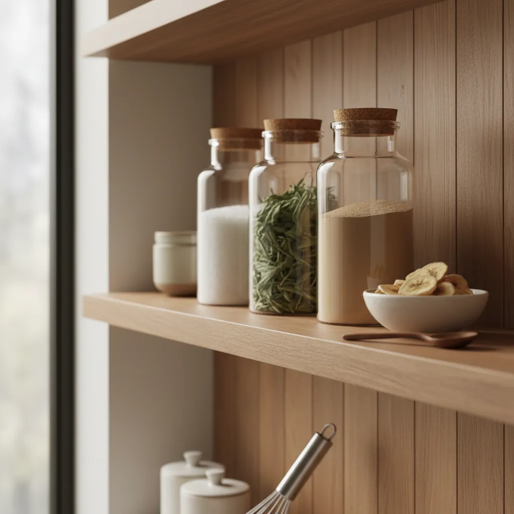 Glass jars of natural sweeteners arranged on a wooden shelf