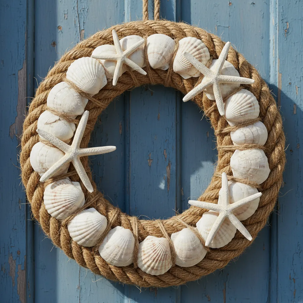 Close up of nautical rope wreath with seashells hanging on a blue front door