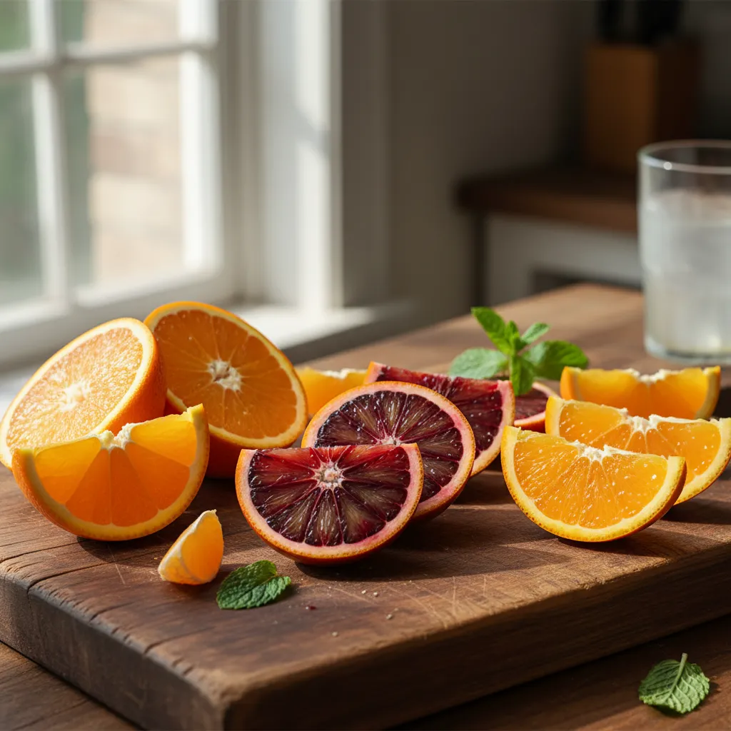 Slices of Navel Blood and Valencia oranges on a wooden board