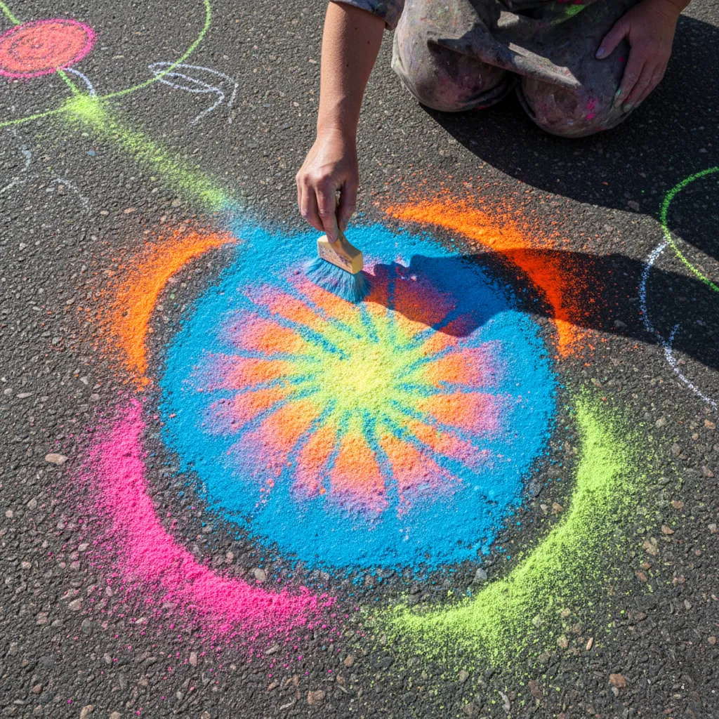 blending neon chalk colors on asphalt for a glowing effect