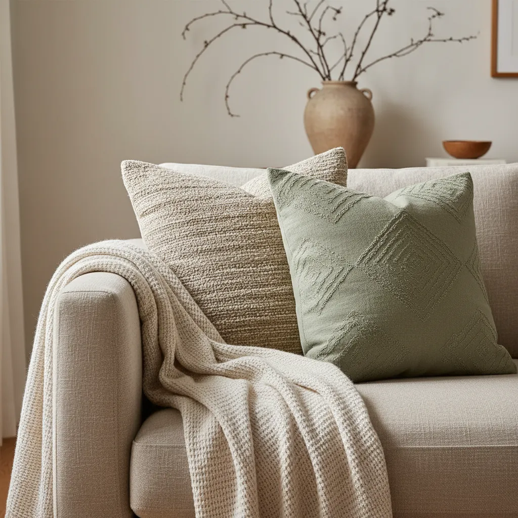 Close up of linen and cotton throw pillows on a neutral sofa for spring decor