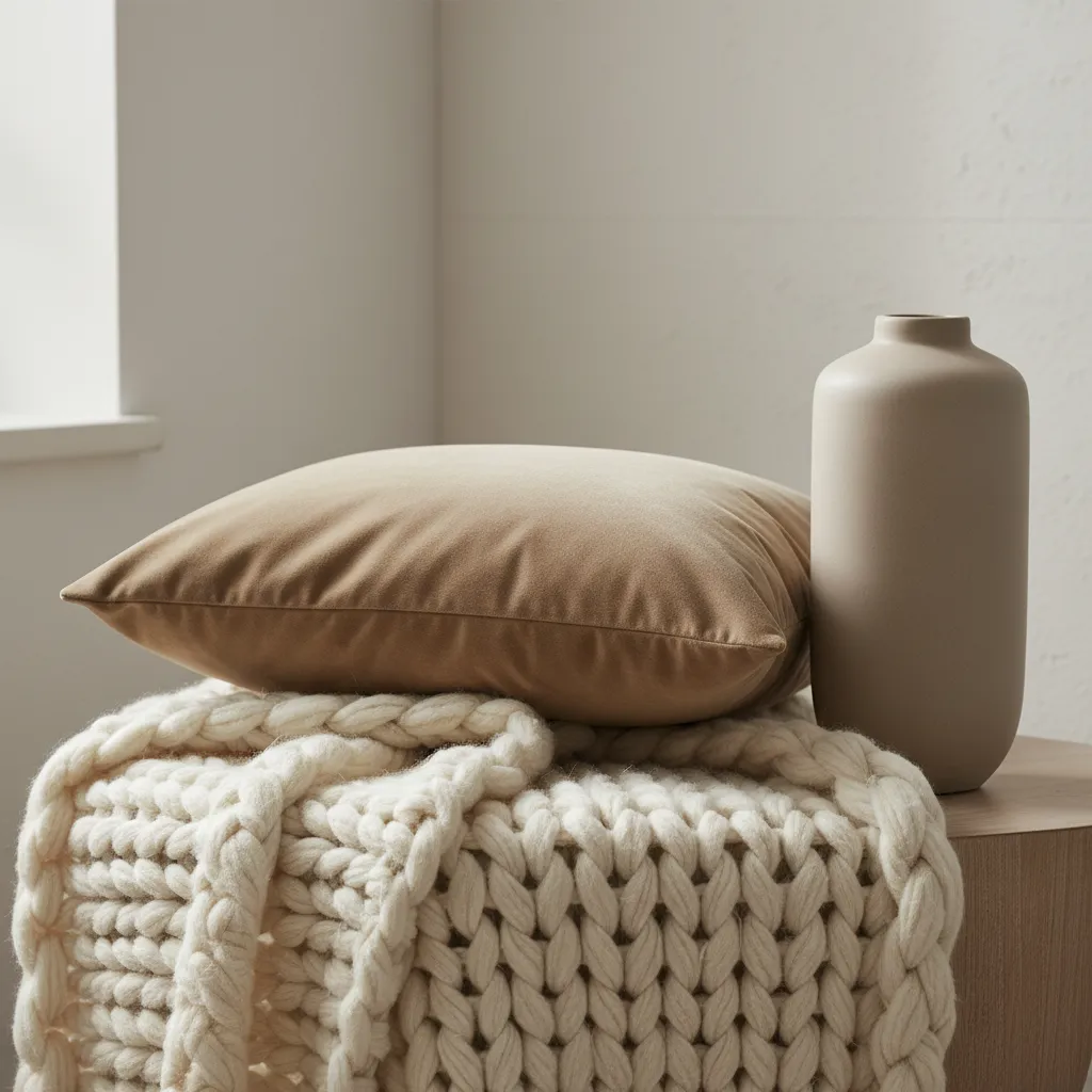 Close up of neutral textured bedding and decor elements