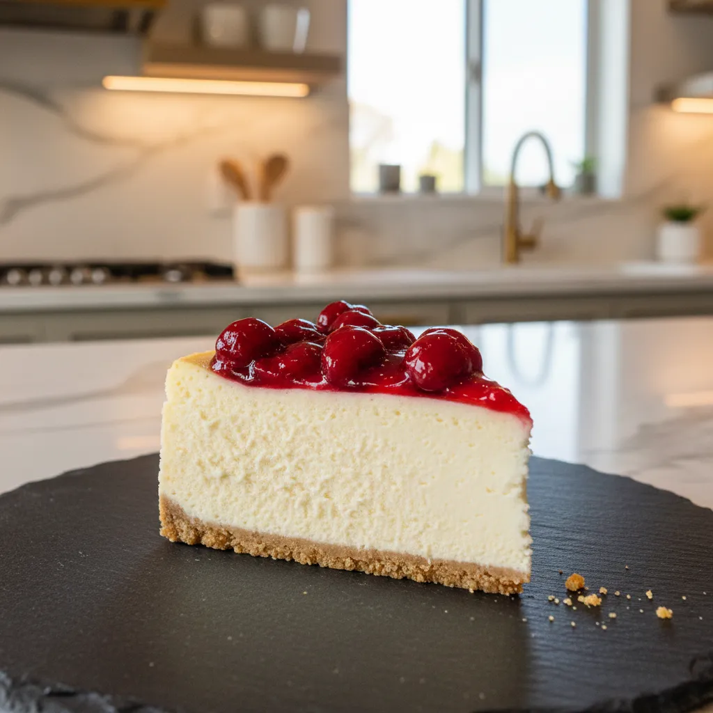 Slice of New York style cherry cheesecake with glossy topping on a slate plate