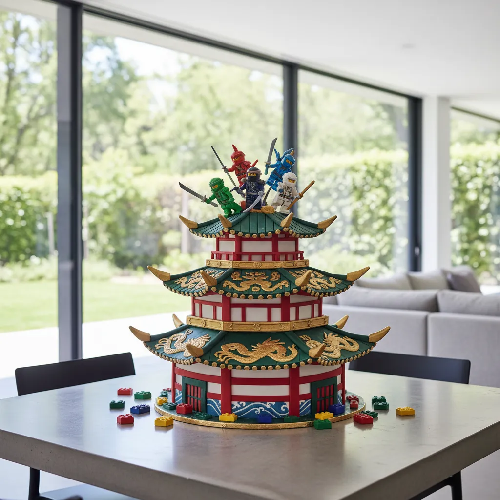 Red and gold pagoda style cake with fondant textures