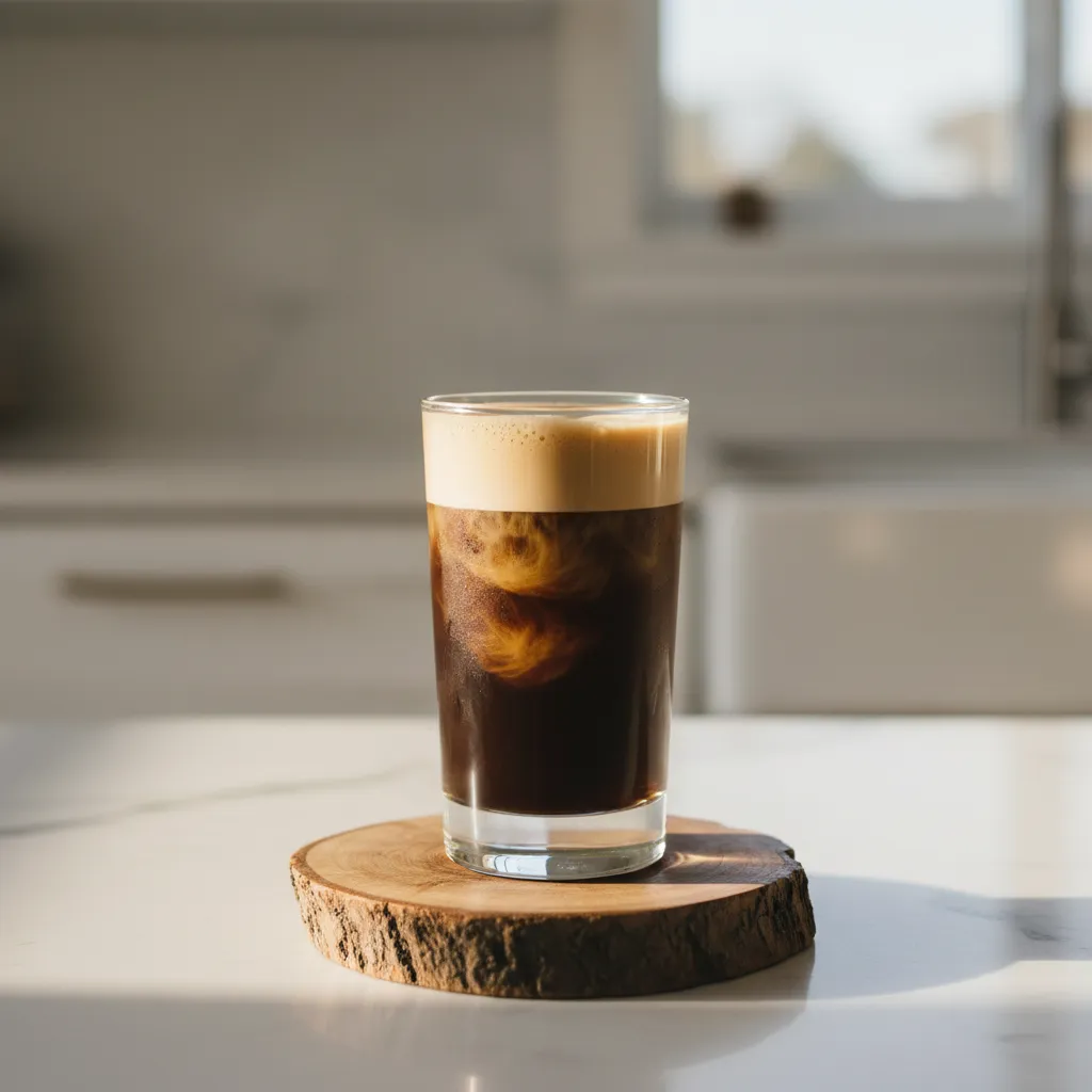 Close up of Dunkin Nitro Cold Brew showing velvety foam texture on wooden coaster