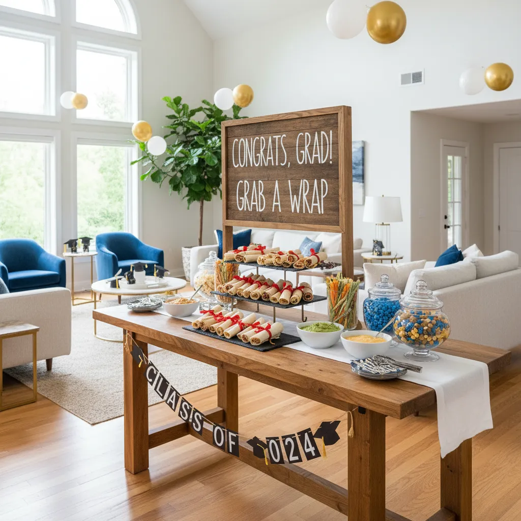 Wide shot of a well-organized snack station in an open living room