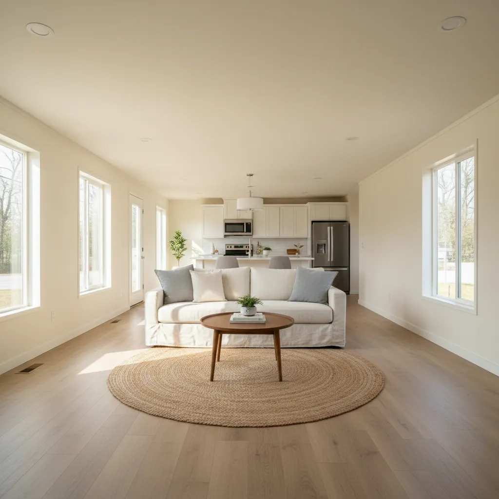 Renovated single wide trailer living room with open concept layout and light oak flooring