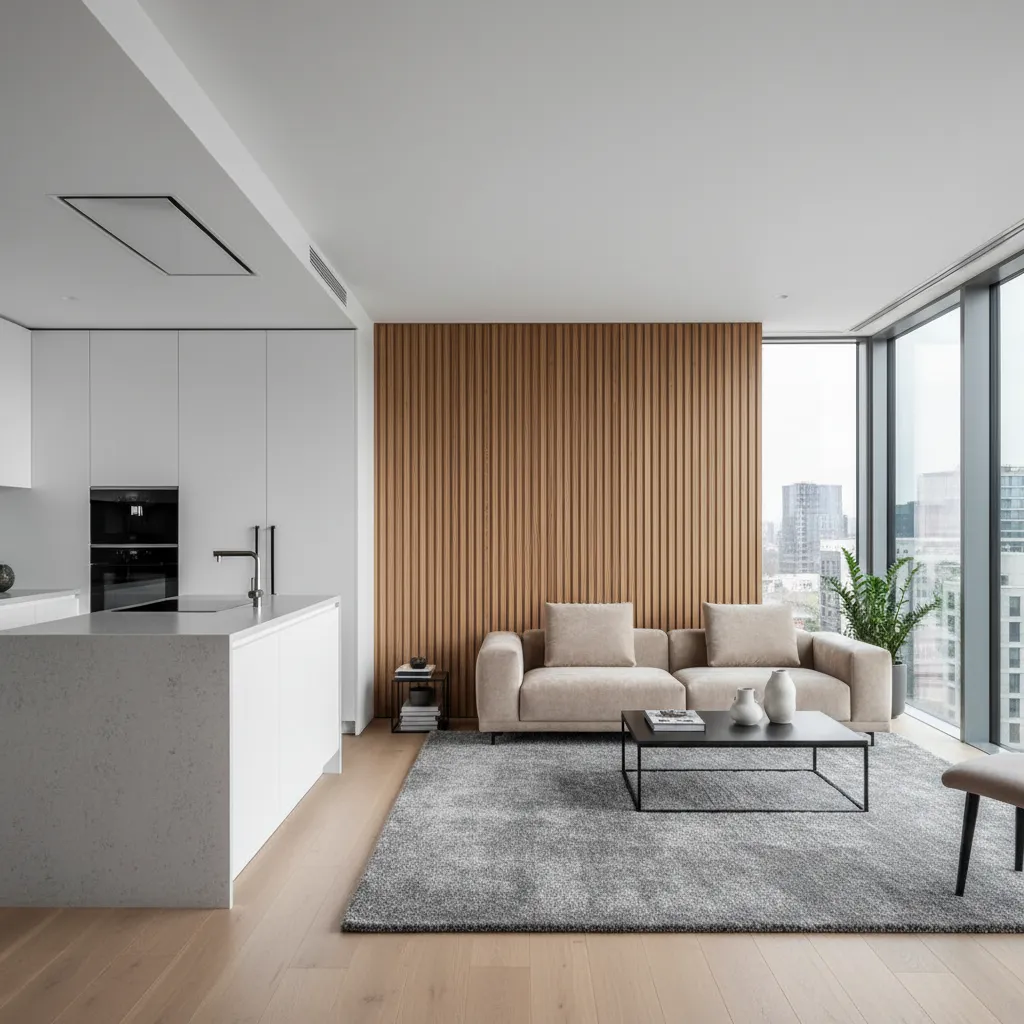 A sophisticated modern open kitchen and living room layout featuring acoustic wood slats and a minimalist sectional sofa.
