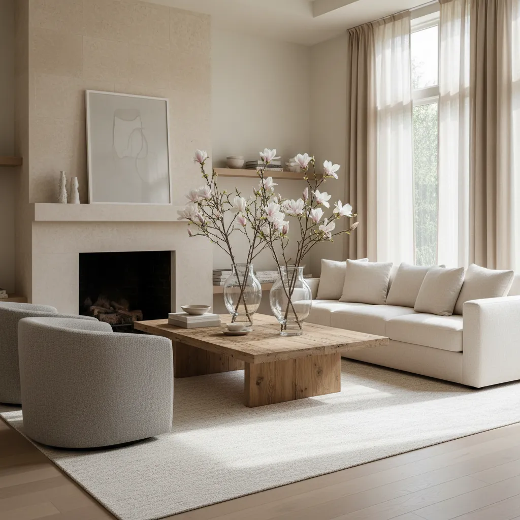 Organic modern living room featuring neutral textiles and large flowering branches in a ceramic vase