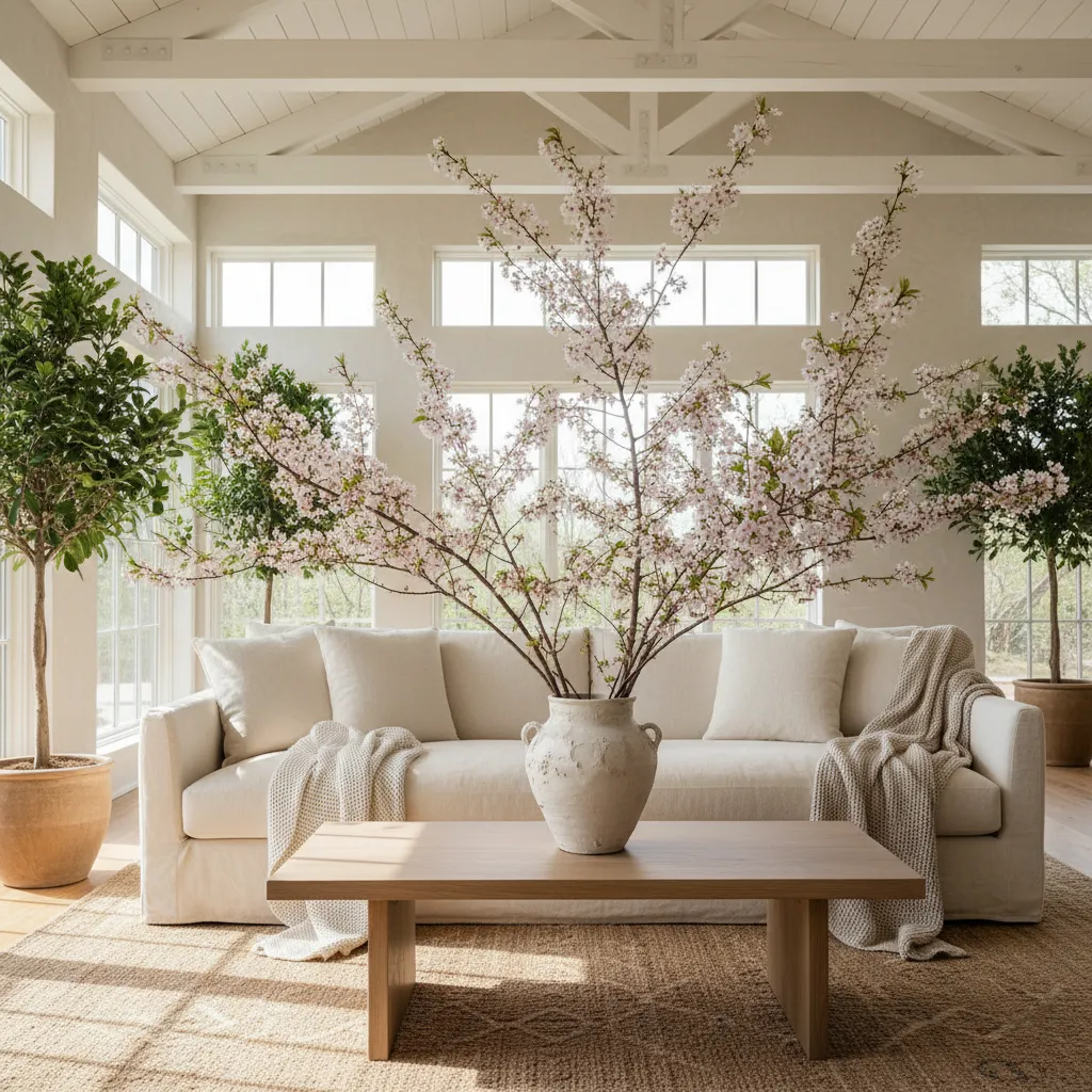 An airy living room featuring organic modern spring decor ideas with neutral textiles and tall flowering branches in a ceramic vase.