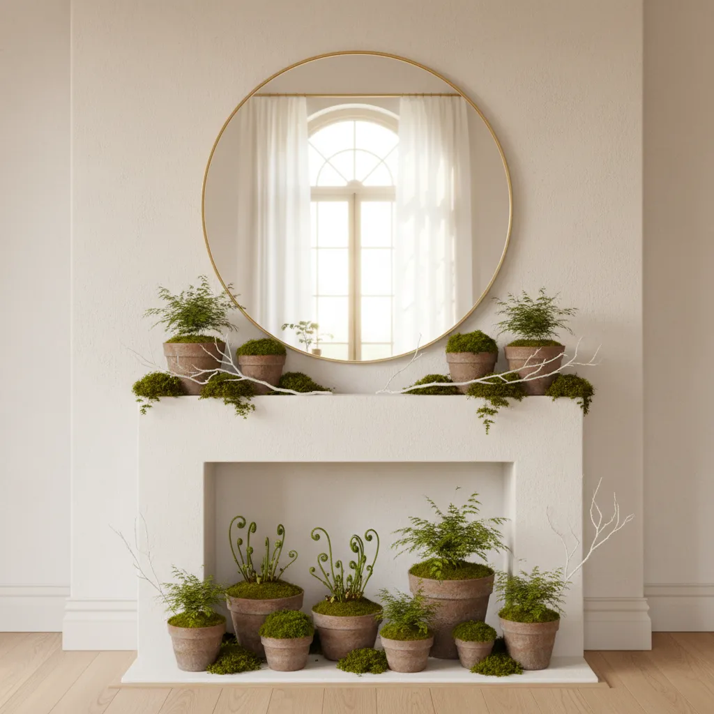 Biophilic mantel decor with terracotta pots and round mirror