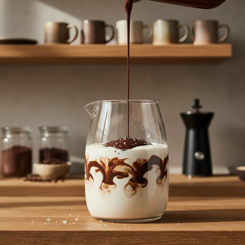 Abstract close-up of dark chocolate creamer mixing with milk in a glass.