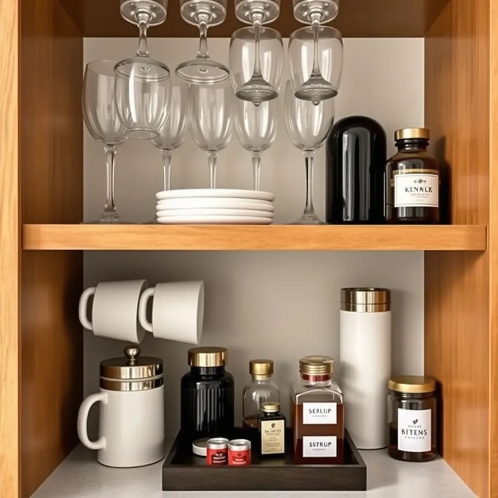 Close up of tiered shelving with coffee mugs and wine glasses