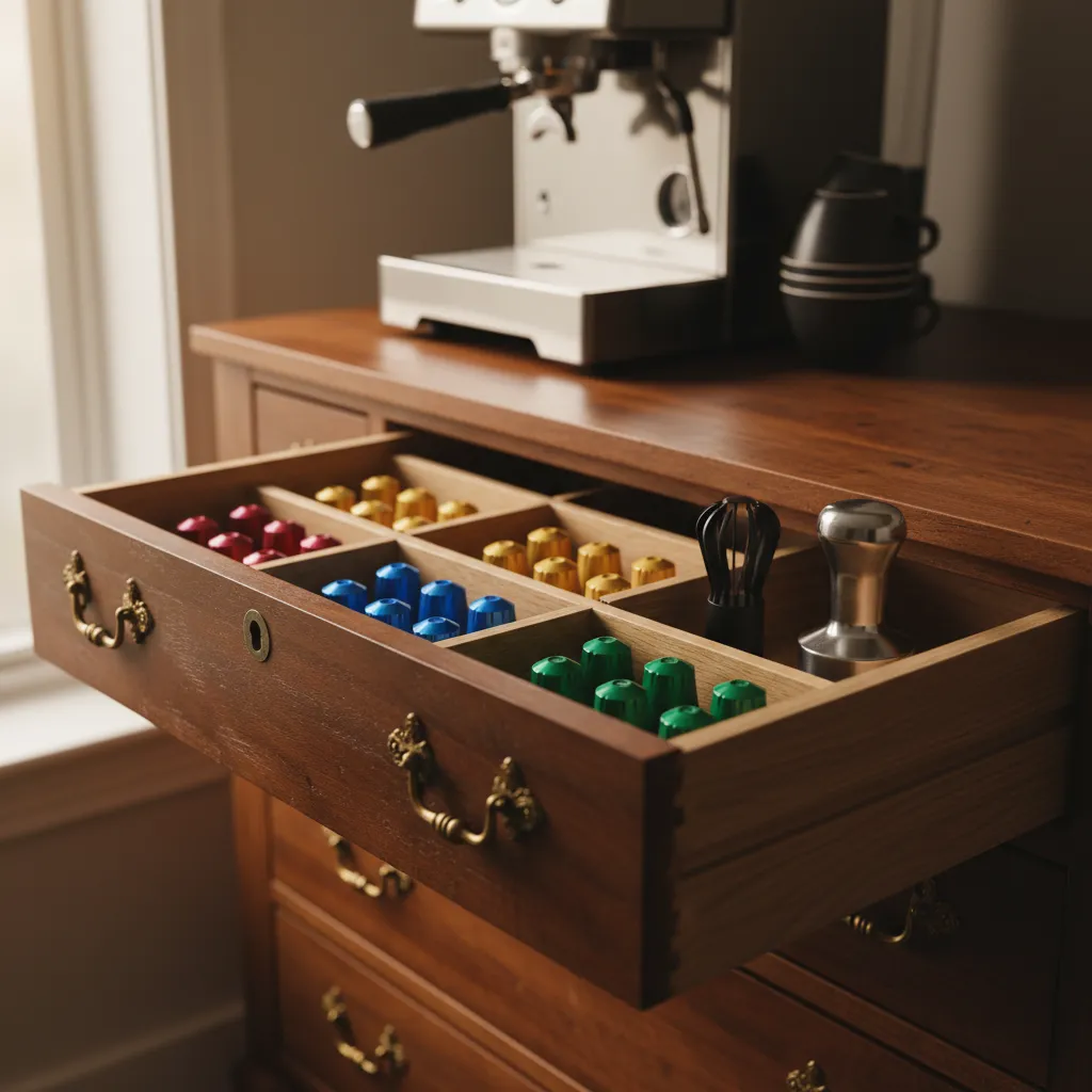 Drawer dividers separating coffee pods and barista tools