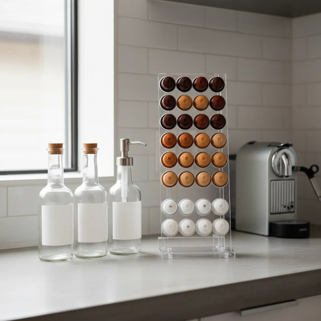 Tiered acrylic stand with color-coded coffee pods next to minimalist glass syrup bottles