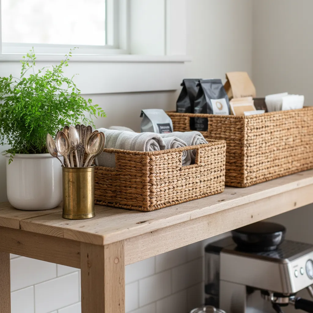 Detail shot of woven baskets and greenery on a wooden baker