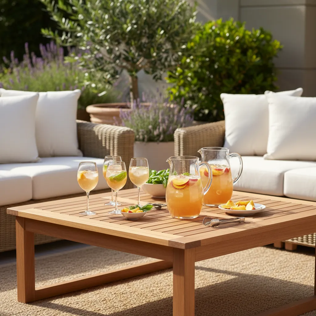 Sangria glasses served on a teak table in an outdoor lounge