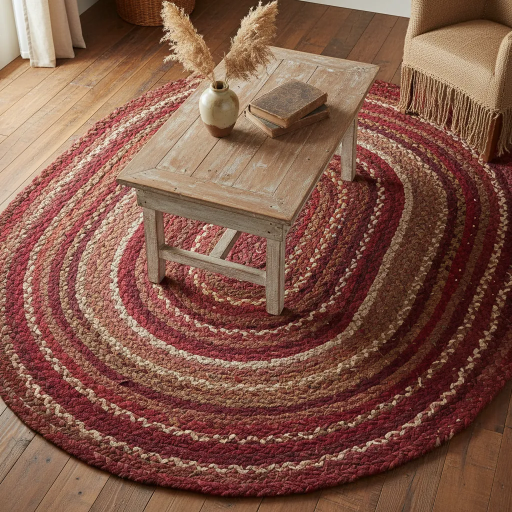 Oval braided rag rug in red and brown tones anchoring a primitive living room seating area