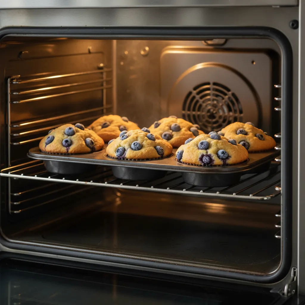 Stainless steel oven interior with muffins baking under warm light
