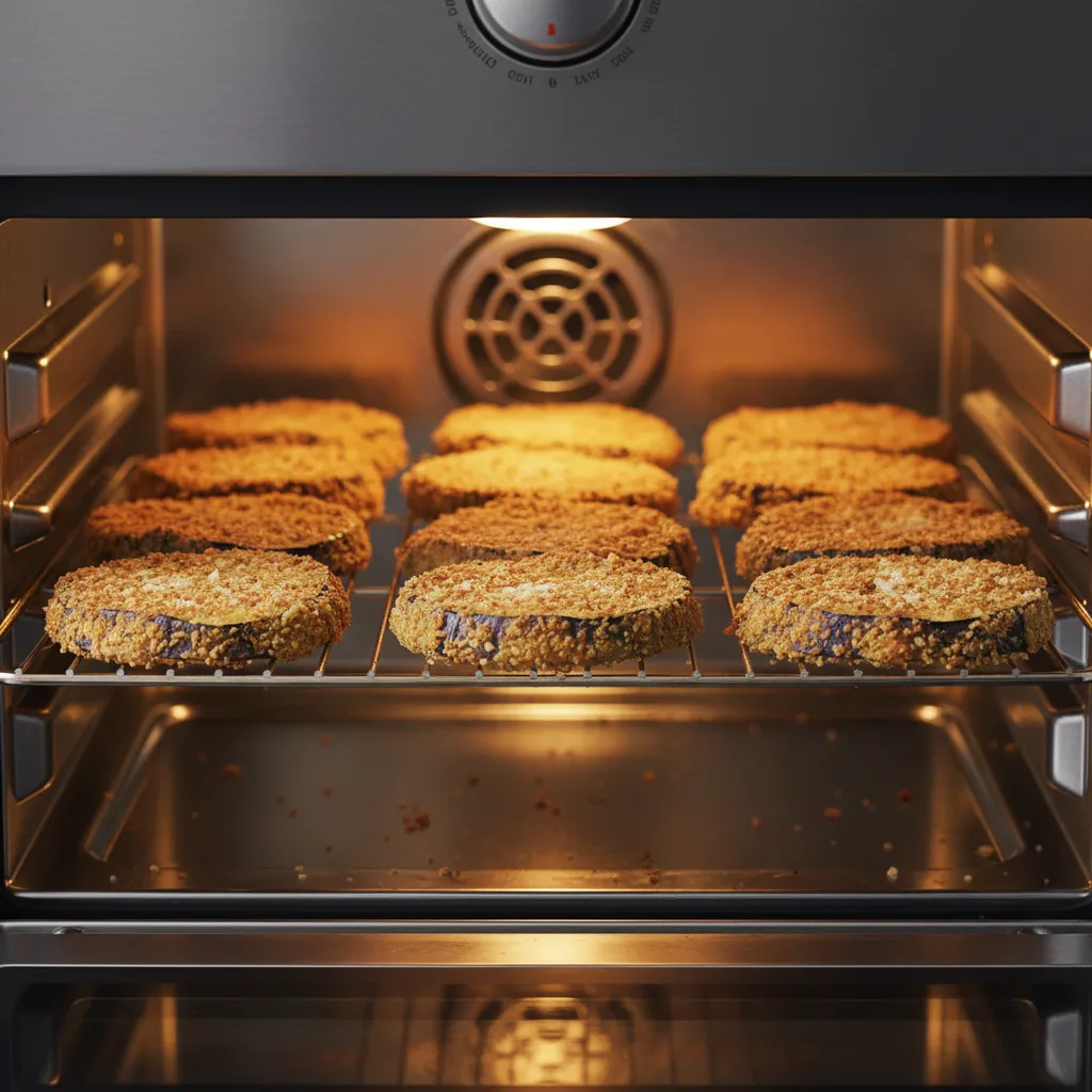 Crispy eggplant slices resting on a wire rack inside a warm oven