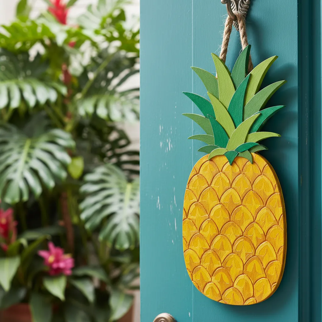 Bright yellow wooden pineapple welcome sign hanging on a teal front door with jute twine