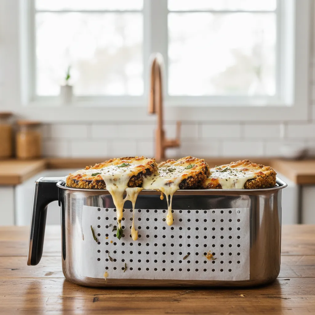 Parchment paper sling under eggplant in air fryer