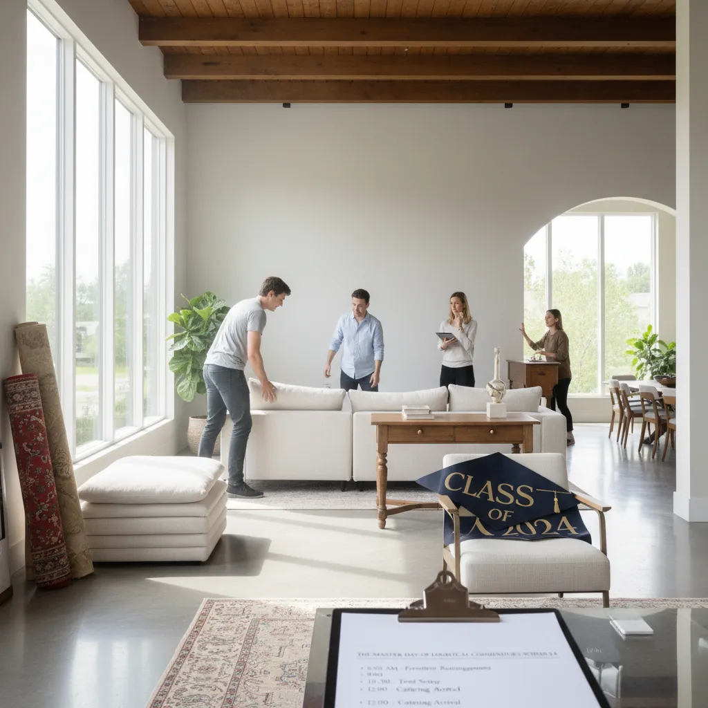 Modern open-concept living room prepared for an event