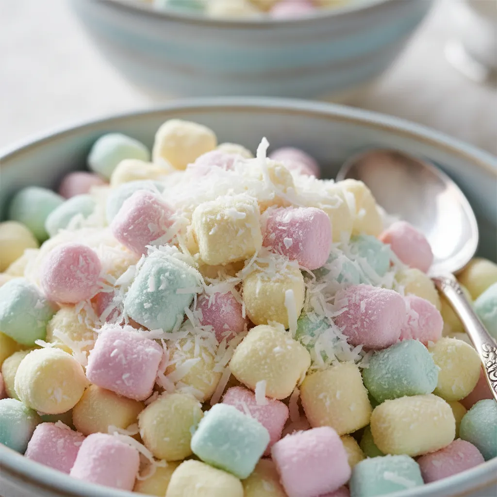 Close up of pastel marshmallows and coconut texture