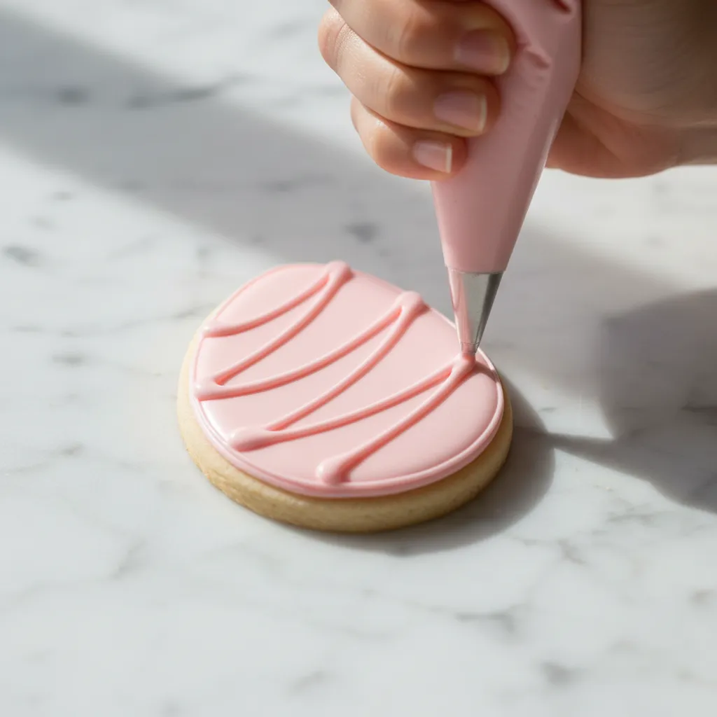 Detail shot of pastel pink royal icing being piped onto a gluten free sugar cookie