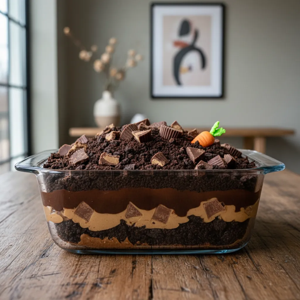 Macro photography of peanut butter cup dirt cake layers showing texture