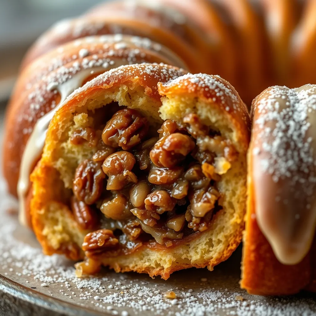 Close up texture of pecan praline filling inside a golden crescent roll king cake