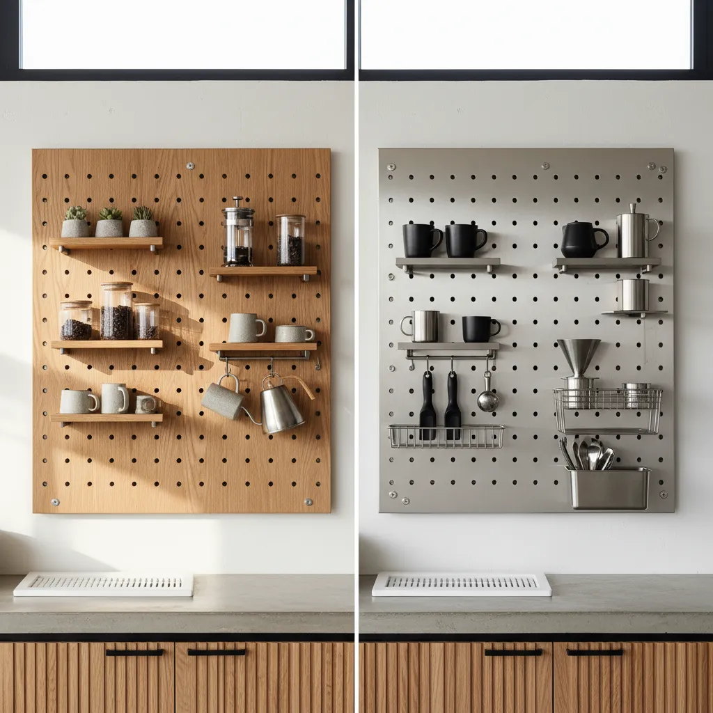 Side by side comparison of wood and steel coffee pegboards
