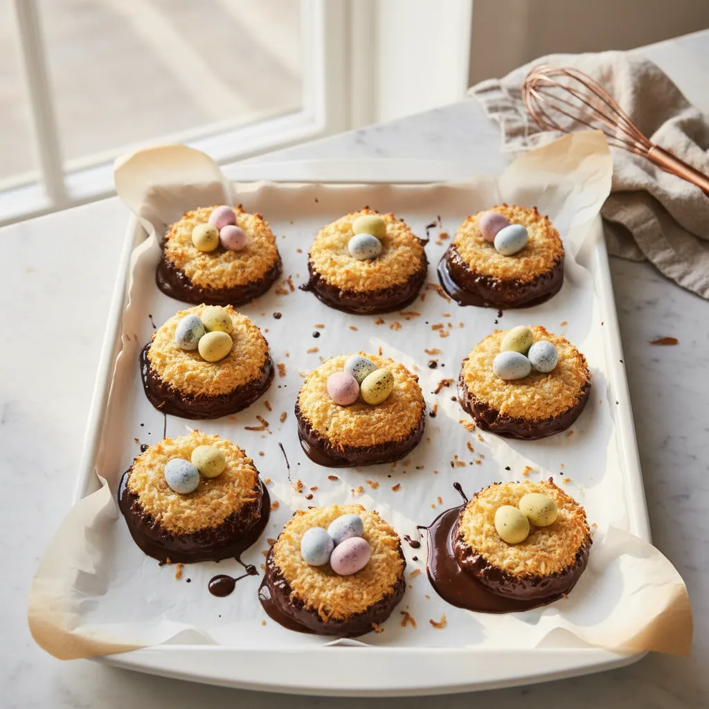 Baking sheet with golden coconut macaroons cooling on parchment paper