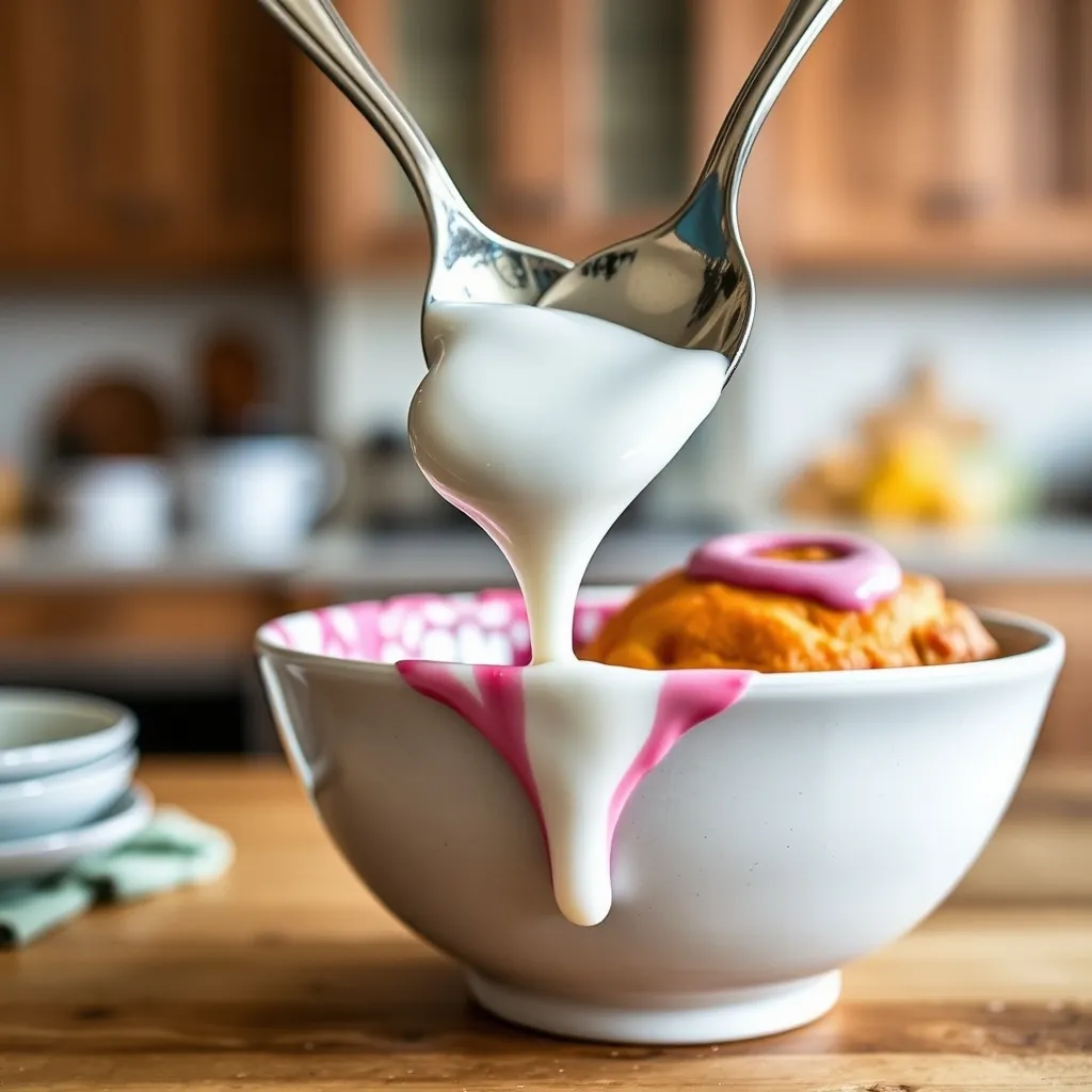 Spoon lifting thick white icing showing ribbon consistency
