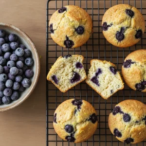 Close-up of lemon blueberry muffins showing an even distribution of berries in a golden crumb.