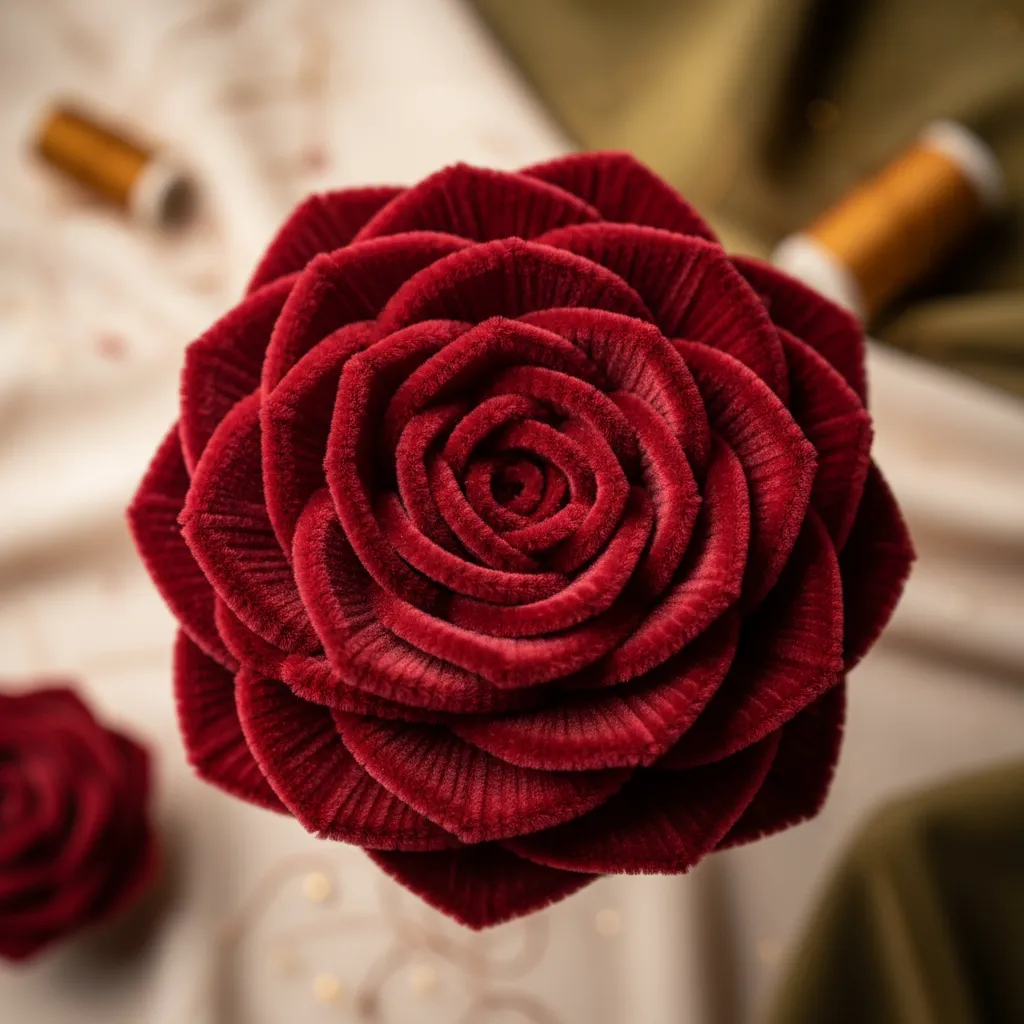 Close up of layered red velvet pipe cleaner petals showing realistic texture.
