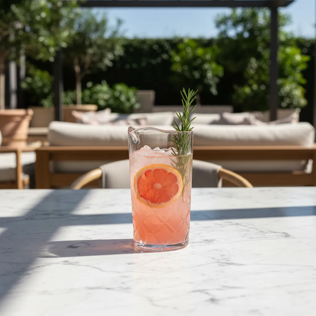 Crystal pitcher of pink grapefruit paloma cocktail with rosemary garnish on a sunlit patio table